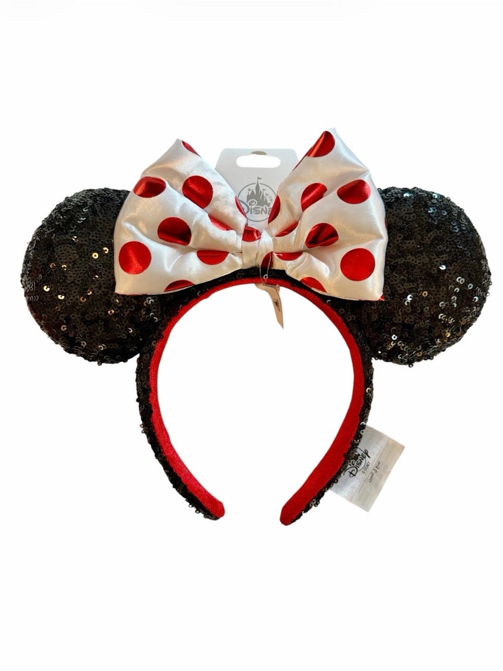 New Disney Parks Sequined Black with White Red Polka Dot Bow Ears Headband